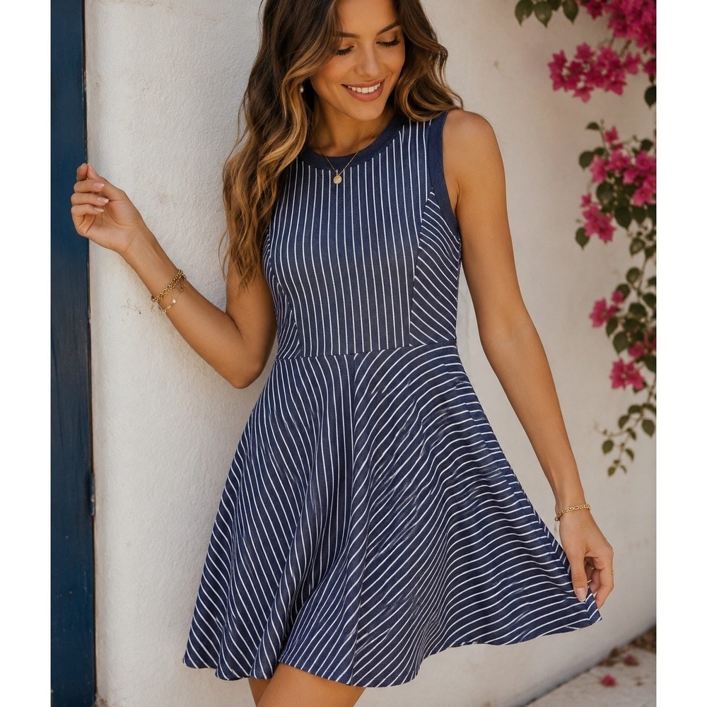 BCBGeneration Fit & Flare Dress Size 4 NWT Blue White Stripe Sleeveless Summer